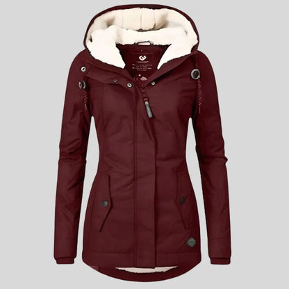 Women's hooded padded jacket with plush-lined hood and long sleeves