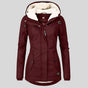 Women's hooded padded jacket with plush-lined hood and long sleeves