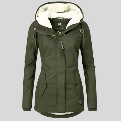 Women's hooded padded jacket with plush-lined hood and long sleeves