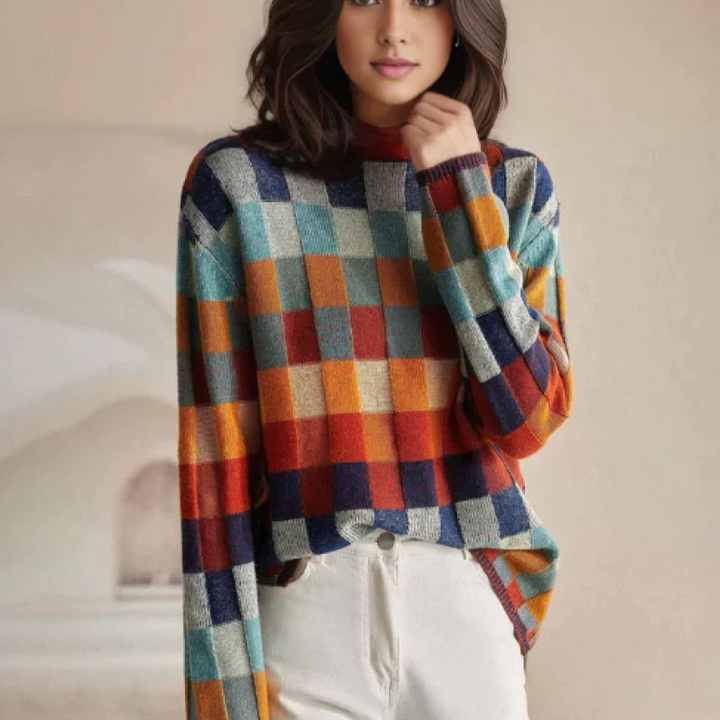 Women's multicolor checkered turtleneck sweater with long sleeves