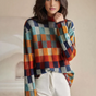 Women's multicolor checkered turtleneck sweater with long sleeves