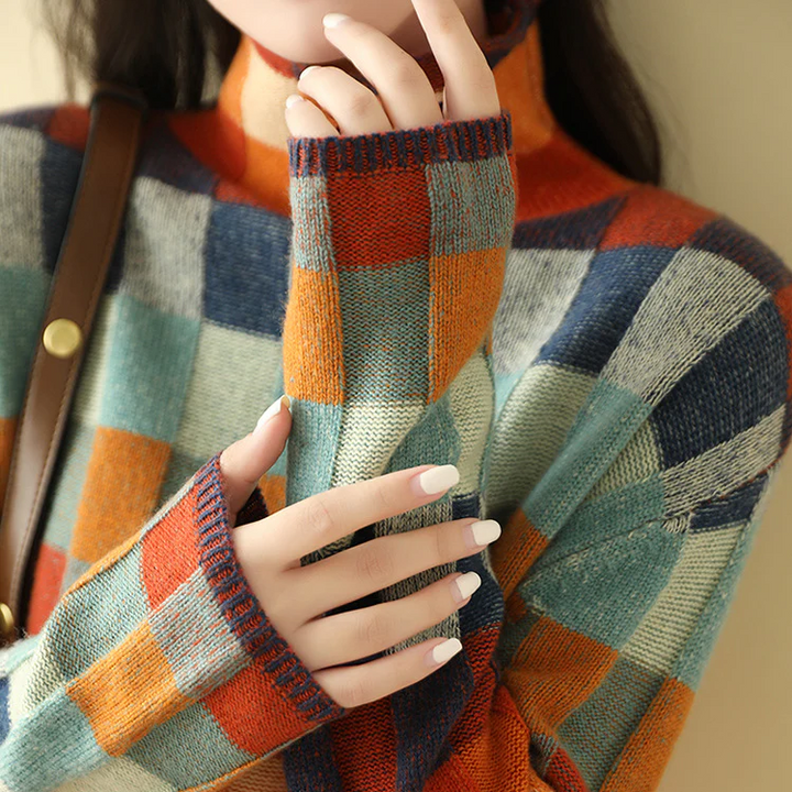 Women's multicolor checkered turtleneck sweater with long sleeves