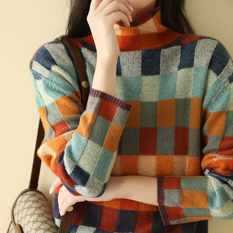 Women's multicolor patchwork turtleneck sweater