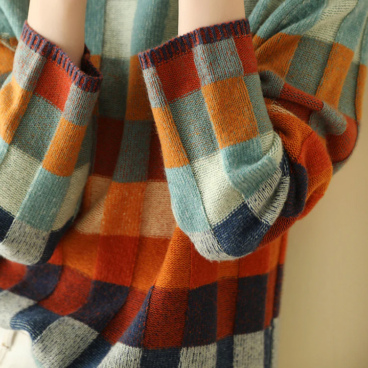 Women's multicolor checkered turtleneck sweater with long sleeves