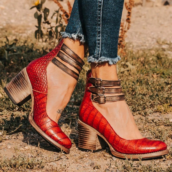 Women's ankle boots with three buckle straps and stacked block heels
