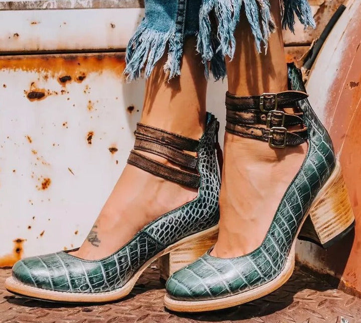 Women's ankle boots with three buckle straps and stacked block heels