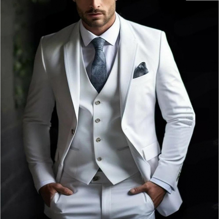 Men's three-piece peak lapel suit with waistcoat