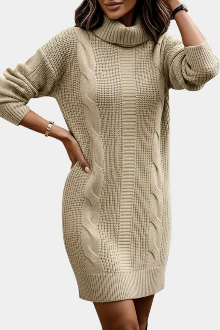Women's textured cable knit turtleneck sweater dress with long sleeves