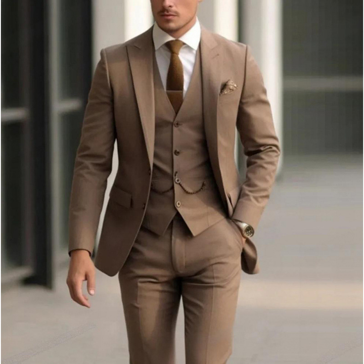 Men's three-piece peak lapel suit with waistcoat