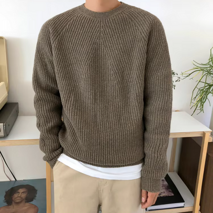 Men's ribbed crew neck sweater with long sleeves and relaxed fit