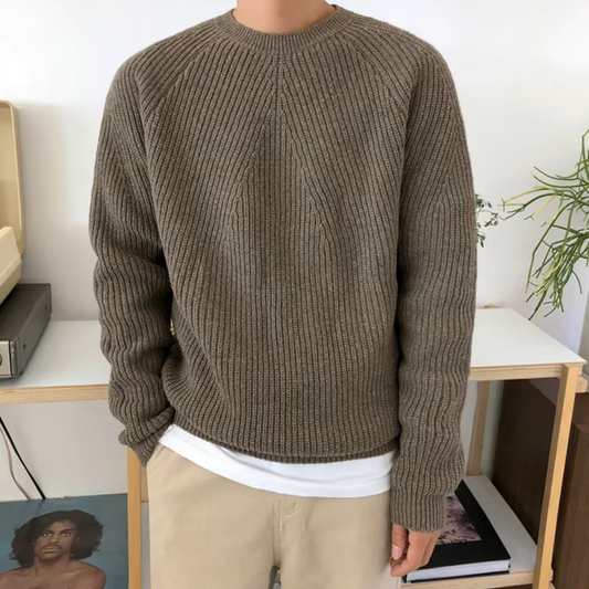 Men's ribbed crew neck sweater with long sleeves and relaxed fit