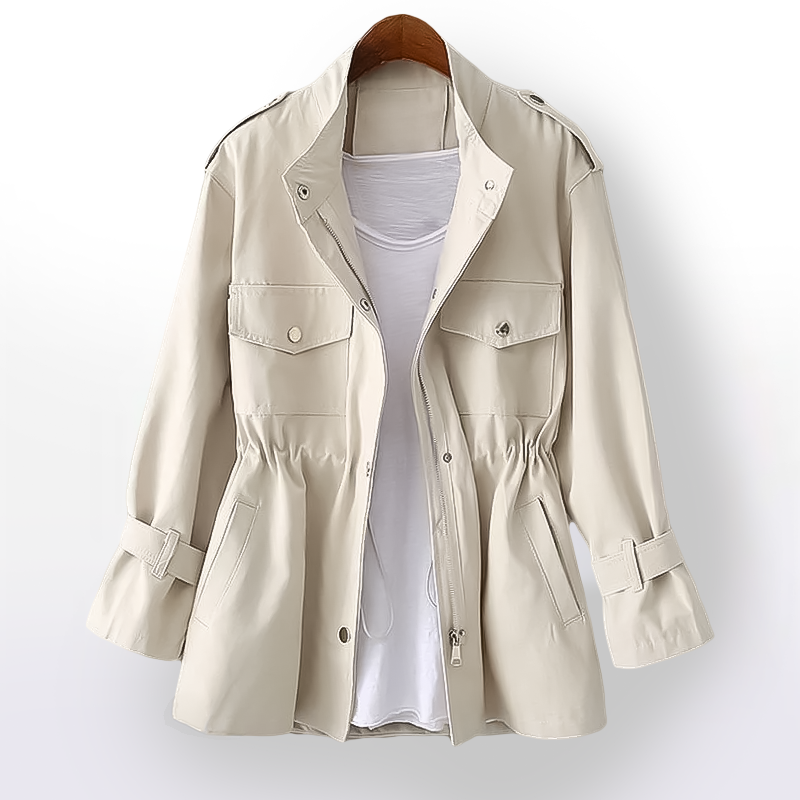 Women's hip-length rain coat with stand collar, utility pockets and adjustable cuffs