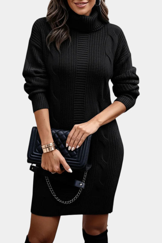 Women's textured cable knit turtleneck sweater dress with long sleeves