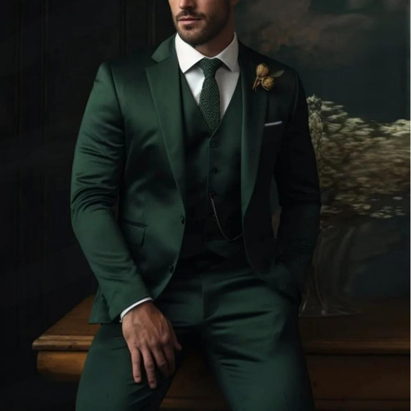 Men's three-piece peak lapel suit with waistcoat