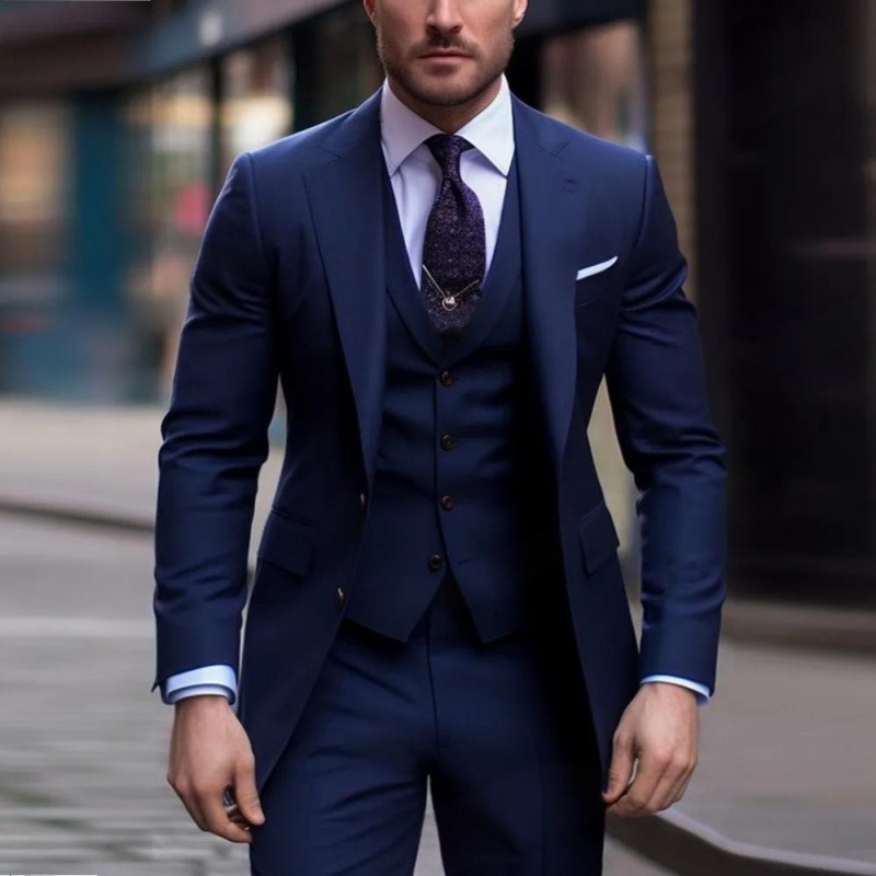 Men's three-piece peak lapel suit with waistcoat