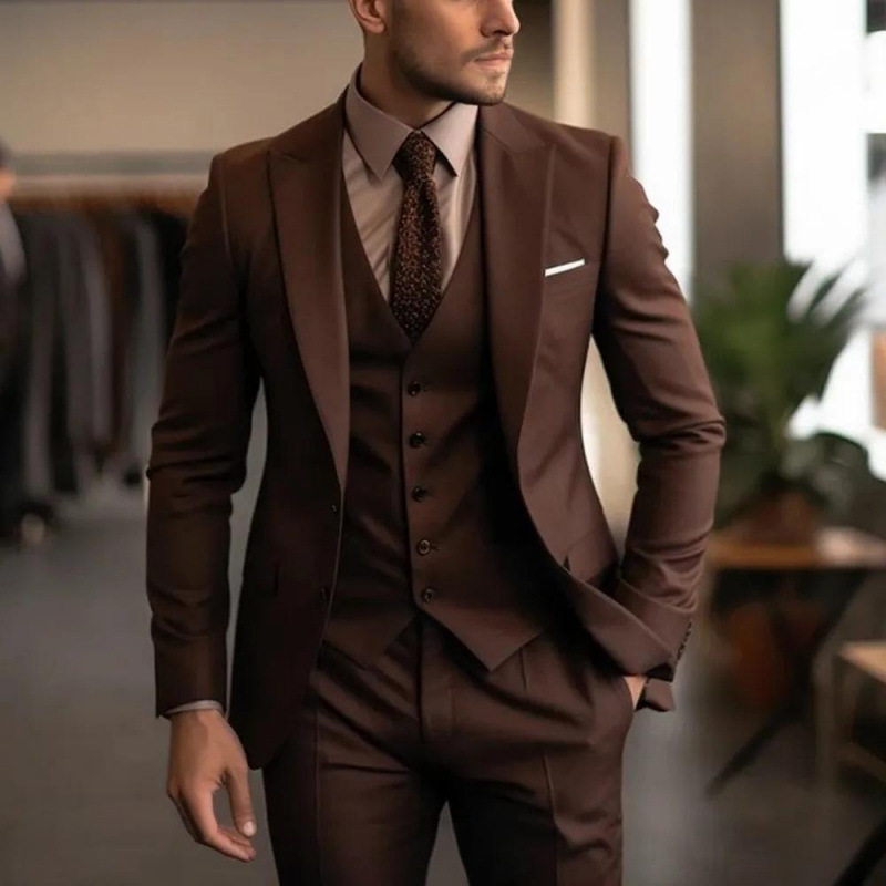 Men's three-piece peak lapel suit with waistcoat