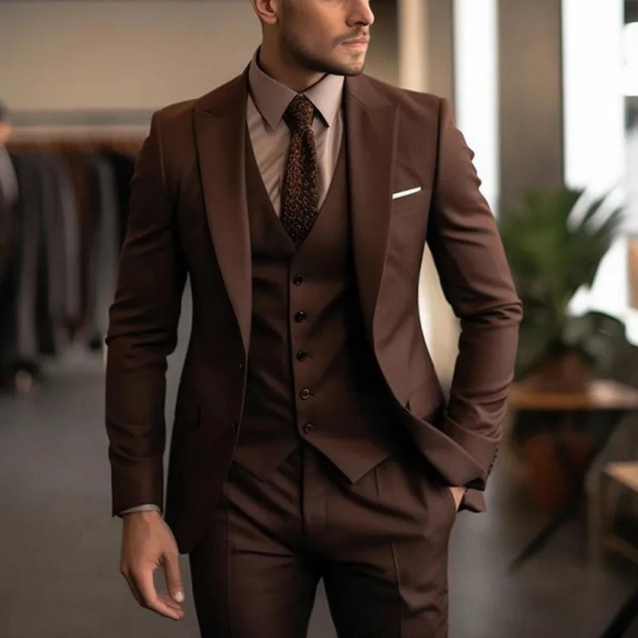 Men's three-piece peak lapel suit with waistcoat