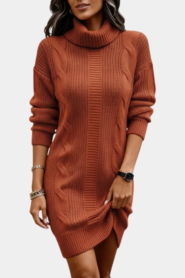 Women's textured cable knit turtleneck sweater dress with long sleeves