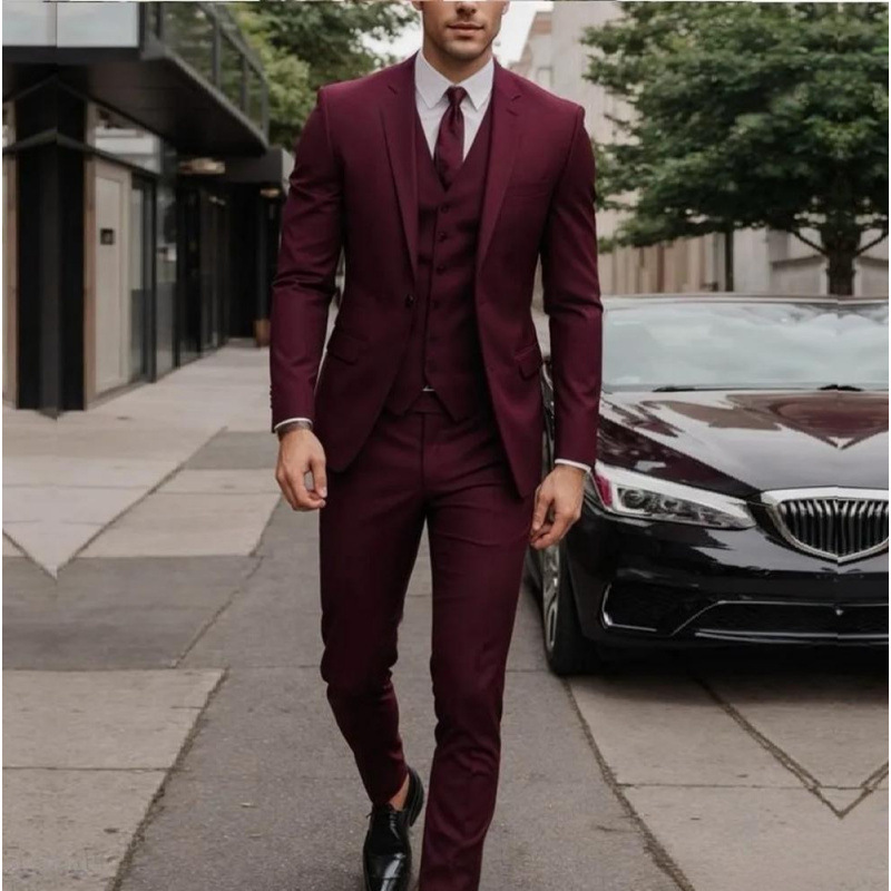 Men's three-piece peak lapel suit with waistcoat