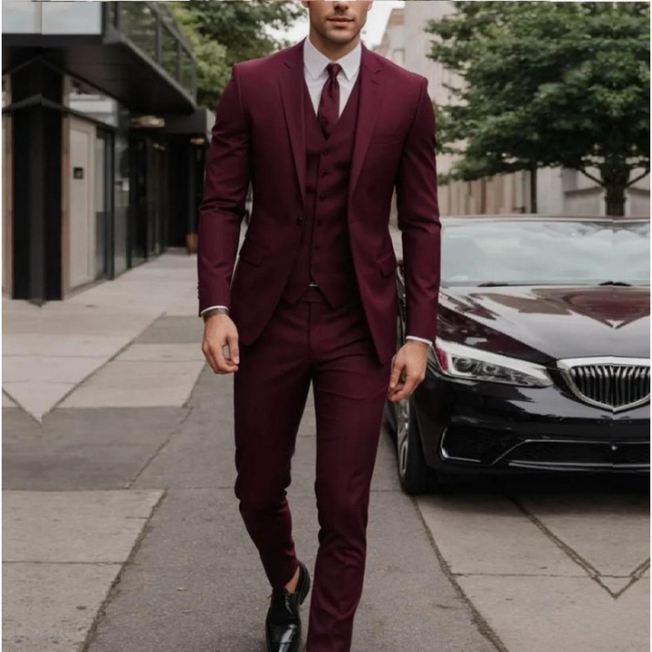 Men's three-piece peak lapel suit with waistcoat