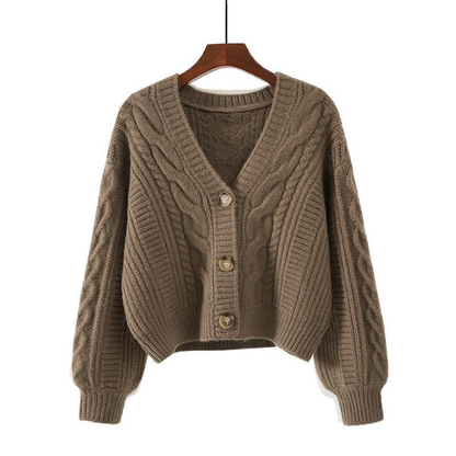 Women's cropped cable knit cardigan with V-neck and button front