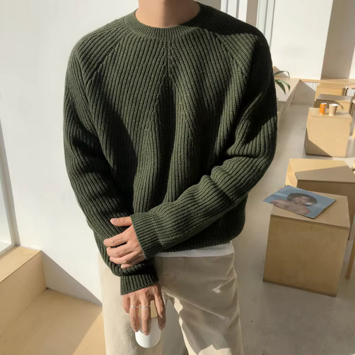 Men's ribbed crew neck sweater with long sleeves and relaxed fit