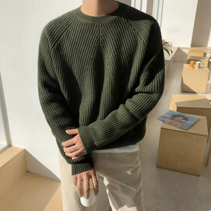 Men's ribbed crew neck sweater with long sleeves and relaxed fit