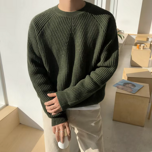 Men's ribbed crew neck sweater with long sleeves and relaxed fit