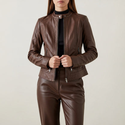 Women's fitted leather jacket with stand collar and zip pockets