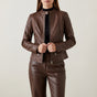 Women's fitted leather jacket with stand collar and zip pockets