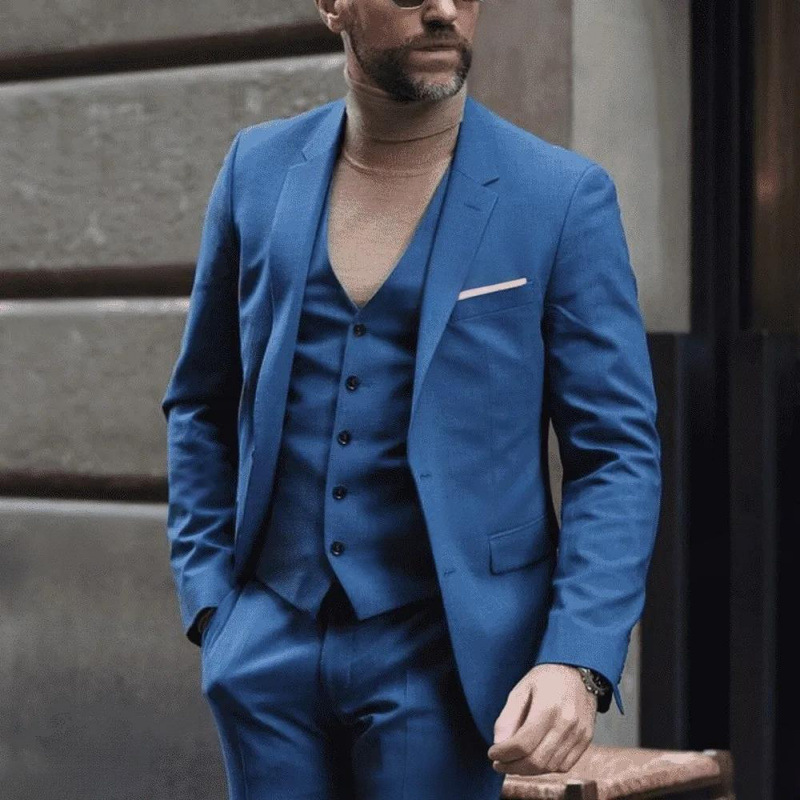Men's three-piece peak lapel suit with waistcoat