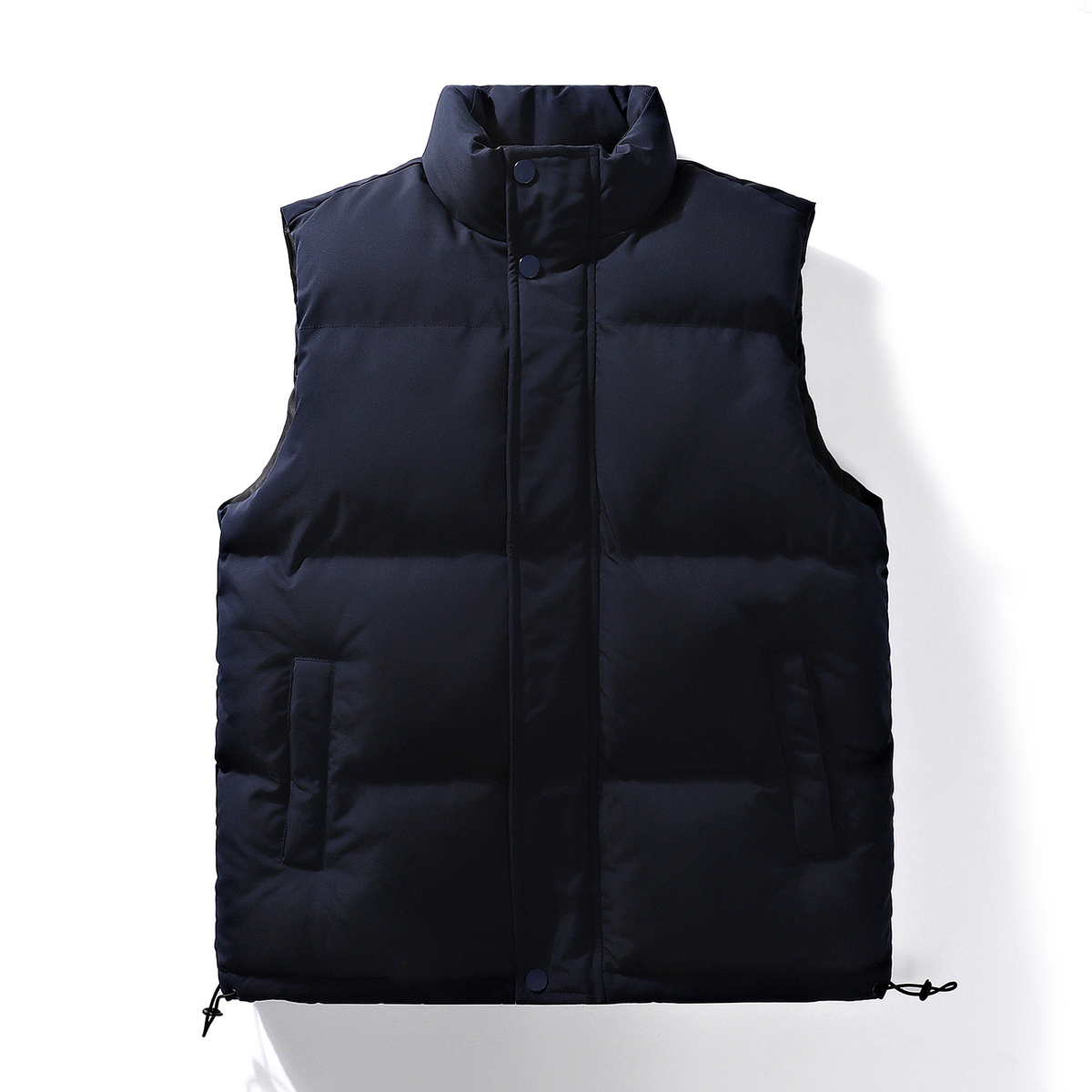 Men's navy quilted sleeveless puffer vest with mock neck and snap front
