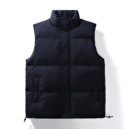 Men's navy quilted sleeveless puffer vest with mock neck and snap front