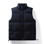 Men's navy quilted sleeveless puffer vest with mock neck and snap front