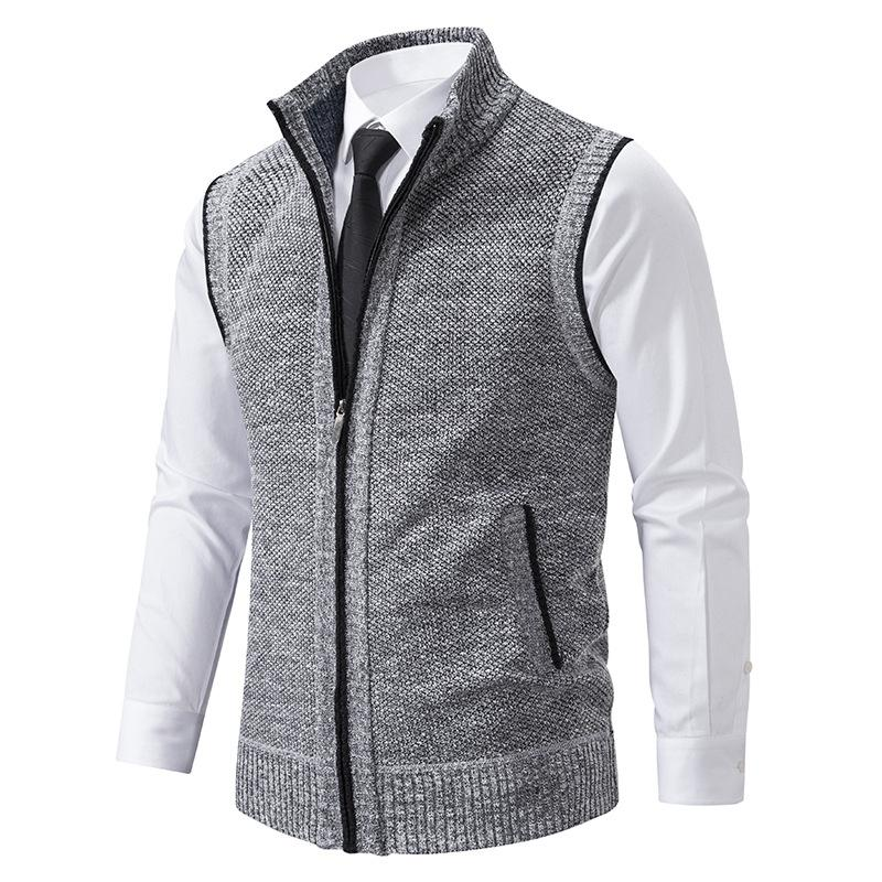 Men's textured sleeveless vest with mock neck, zip front and angled pockets