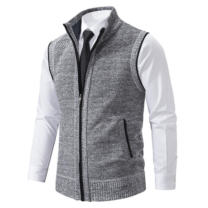 Men's textured sleeveless vest with mock neck, zip front and angled pockets