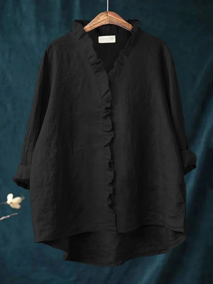 Long-sleeve ruffled V-neck blouse with button front and curved hem