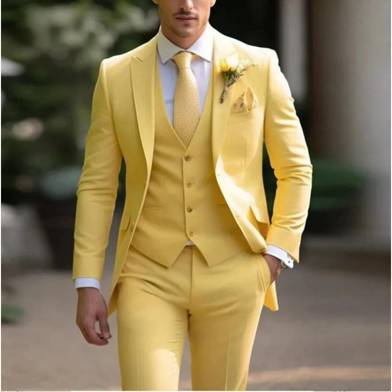Men's three-piece peak lapel suit with waistcoat