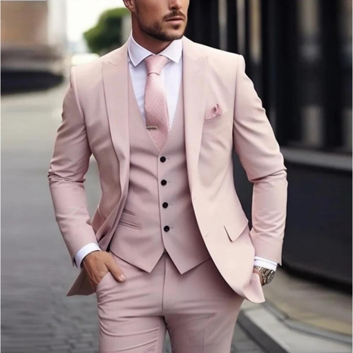 Men's three-piece peak lapel suit with waistcoat