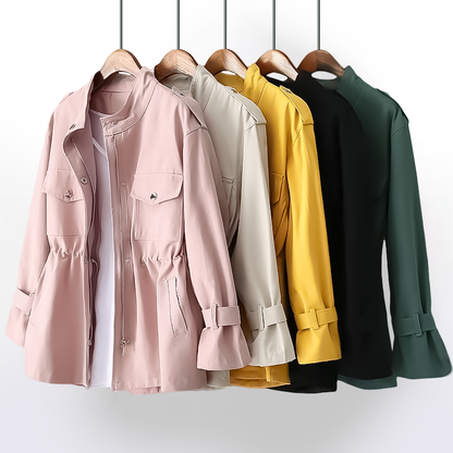 Women's hip-length rain coat with stand collar, utility pockets and adjustable cuffs
