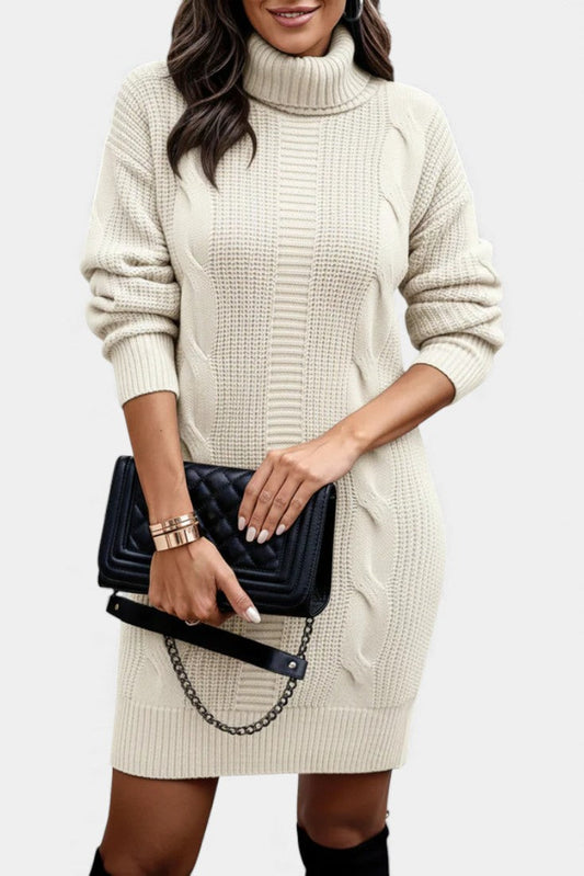 Women's textured cable knit turtleneck sweater dress with long sleeves