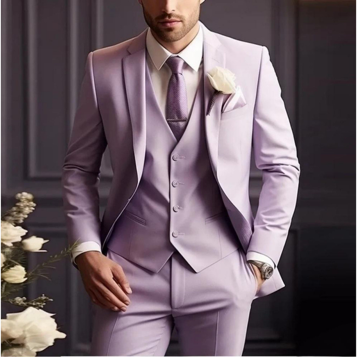 Men's three-piece peak lapel suit with waistcoat