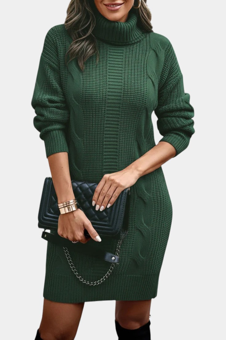 Women's textured cable knit turtleneck sweater dress with long sleeves