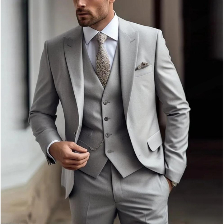 Men's three-piece peak lapel suit with waistcoat