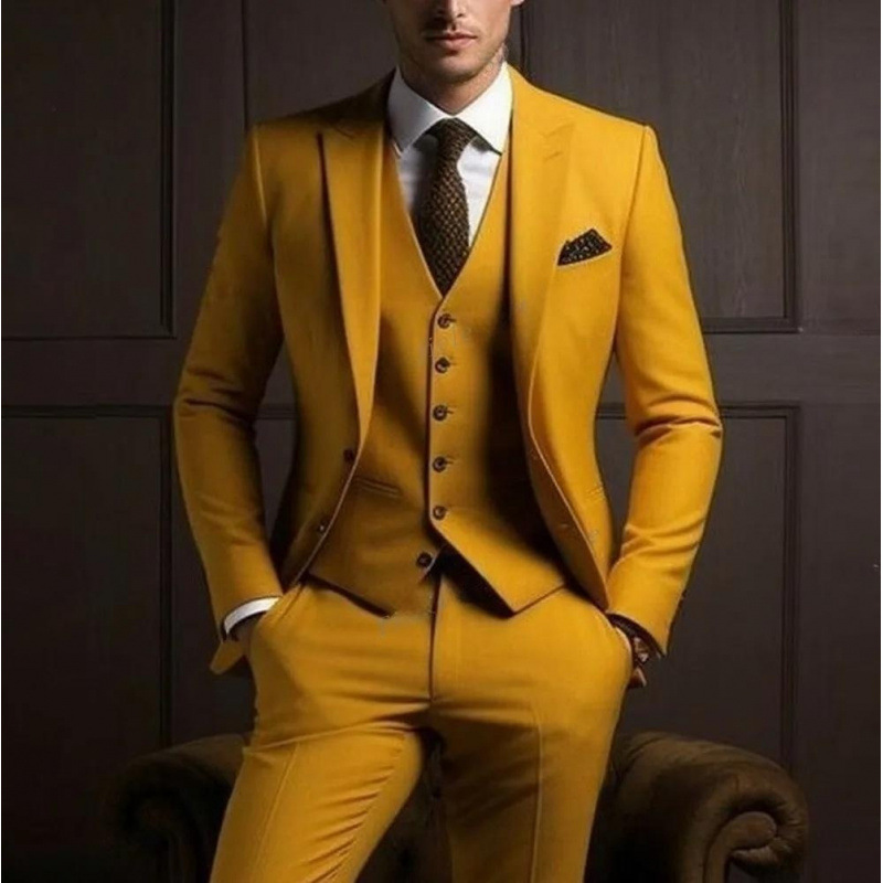 Men's three-piece peak lapel suit with waistcoat