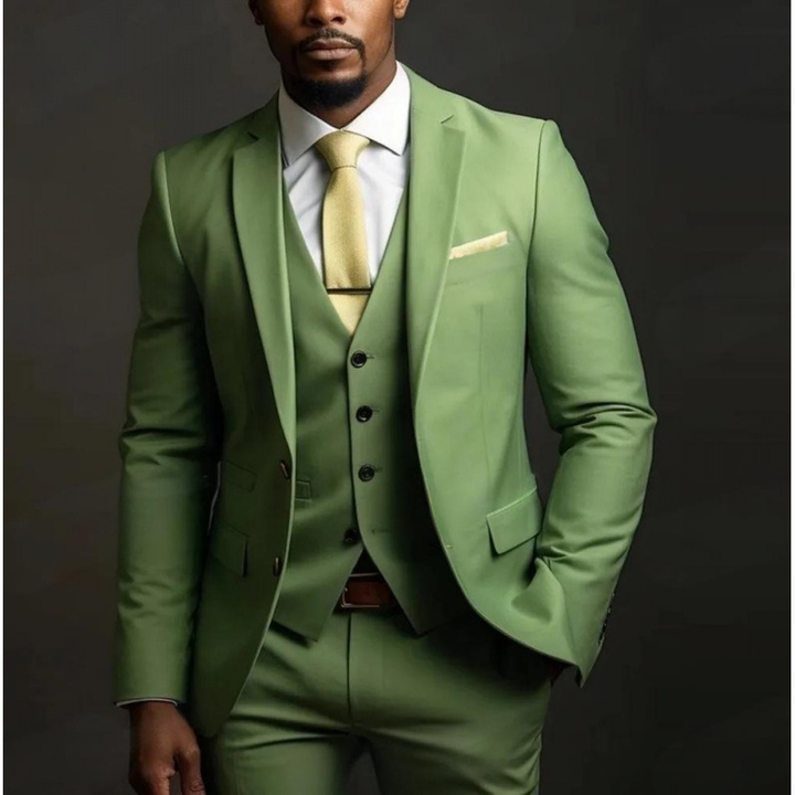 Men's three-piece peak lapel suit with waistcoat