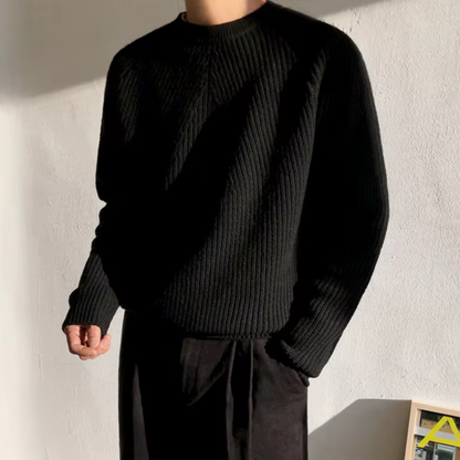 Men's ribbed crew neck sweater with long sleeves and relaxed fit