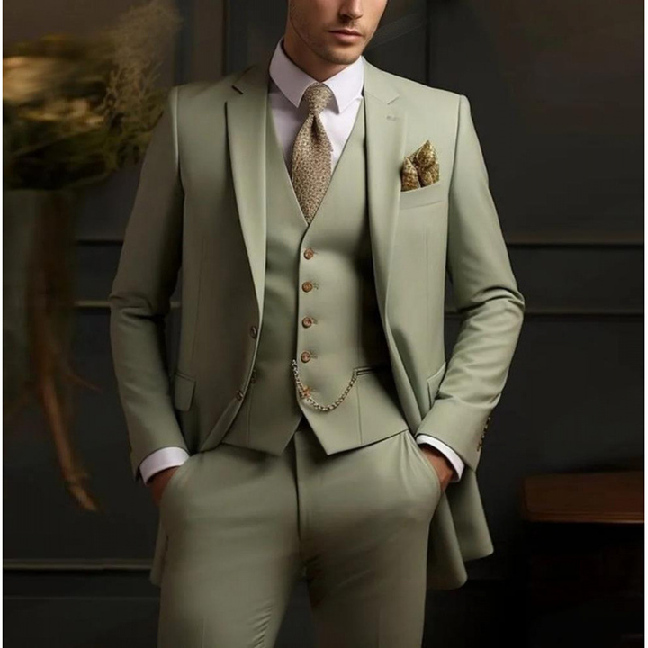 Men's three-piece peak lapel suit with waistcoat