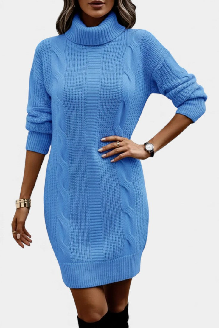 Women's textured cable knit turtleneck sweater dress with long sleeves