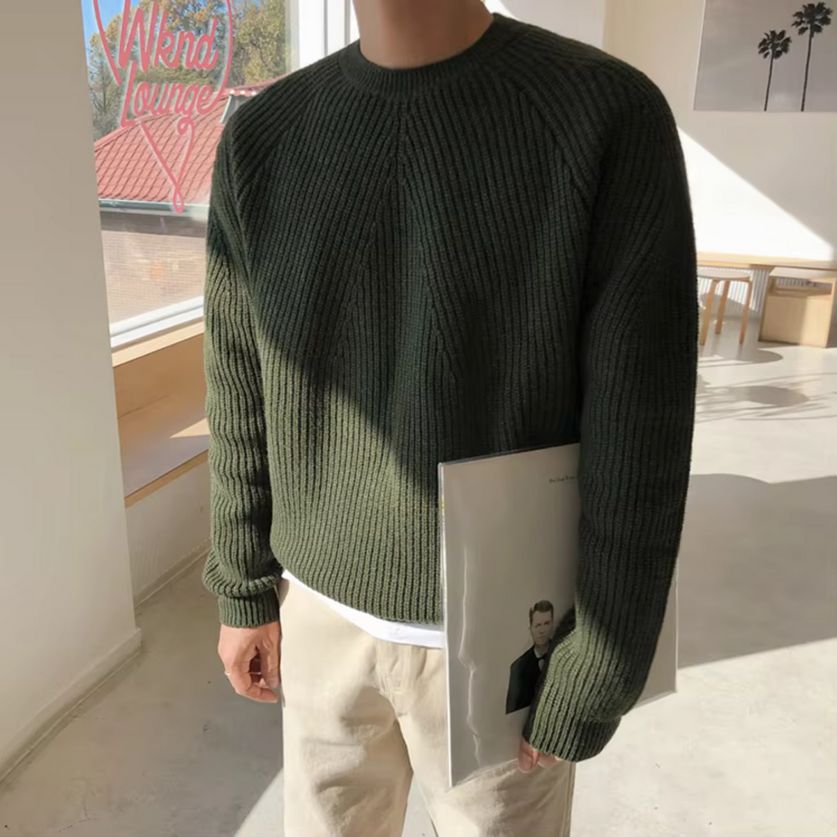 Men's ribbed crew neck sweater with long sleeves and relaxed fit